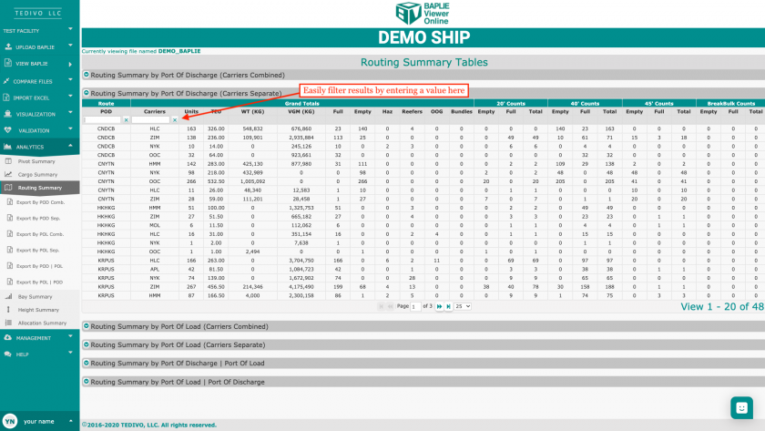 A Carriers Separate routing table with the filter boxes above the rows