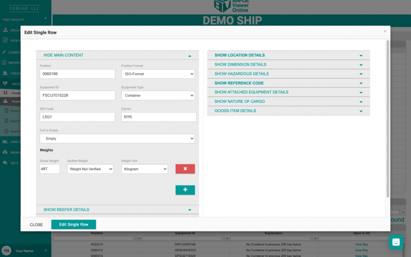 The Edit Single Row window with the container fields and the Edit Single Row button