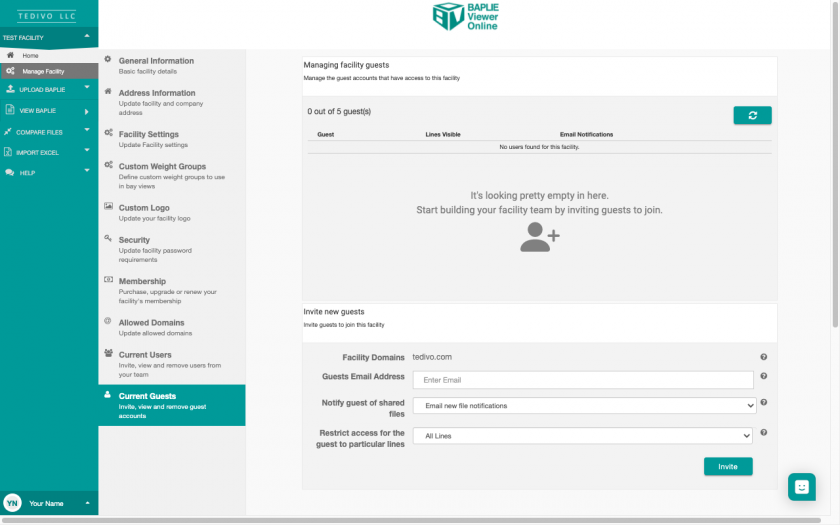 The guest list of a facility with no guests yet and the invite form (older screenshot)