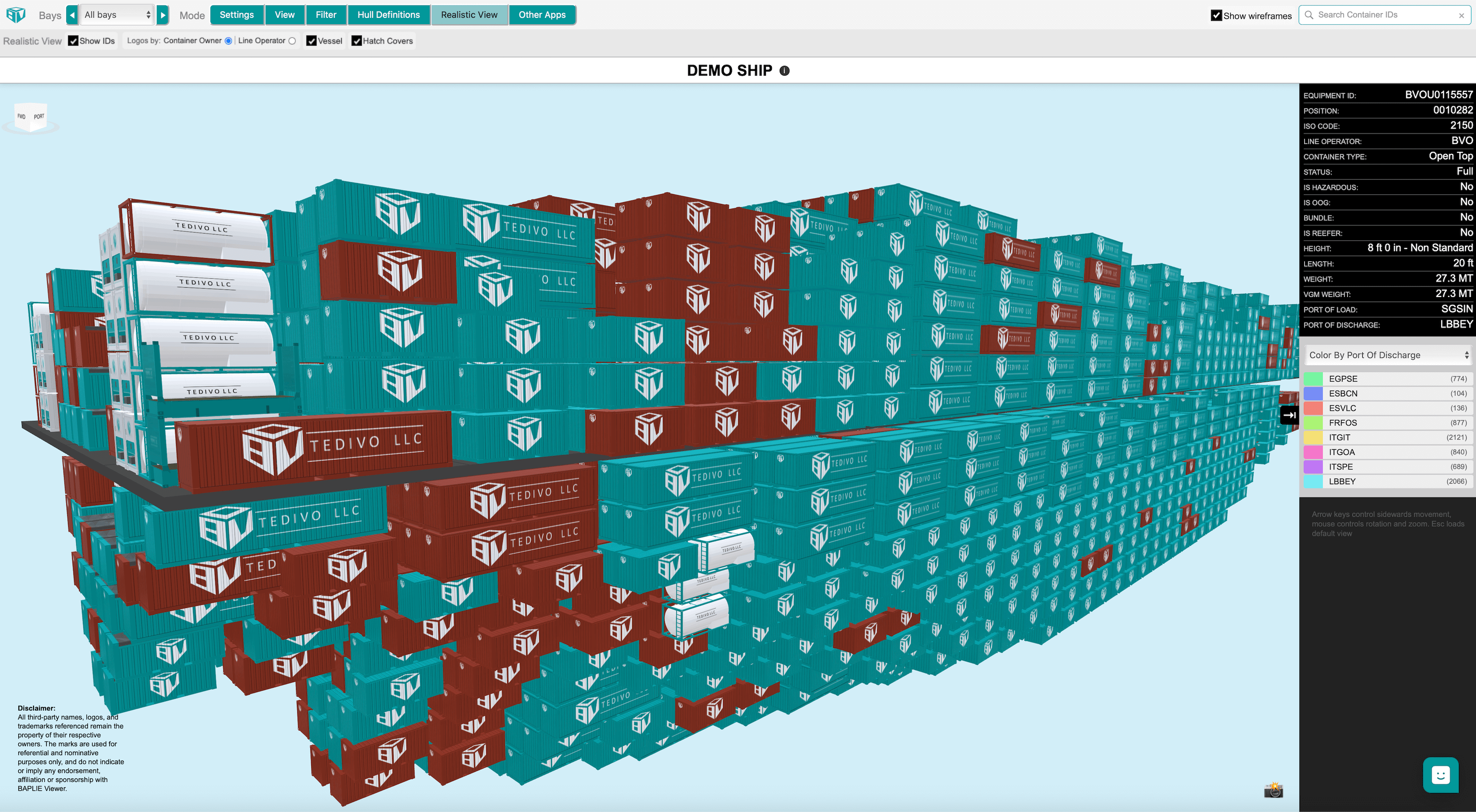 The Realistic View of a whole vessel with the Show IDs, Logos by, Vessel and Hatch Covers options under the menu bar