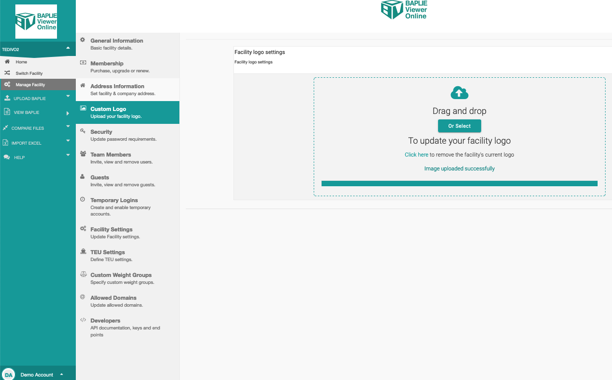 The Custom Logo page after a logo was uploaded, with the message Image uploaded successfully and a link to remove the logo (older screenshot)