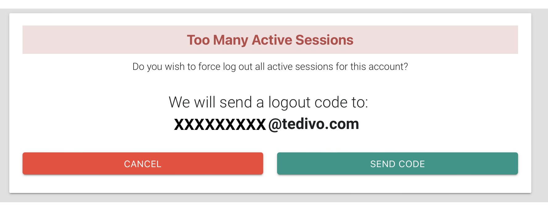 The Too Many Active Sessions window with the Cancel and Send Code buttons (older screenshot)