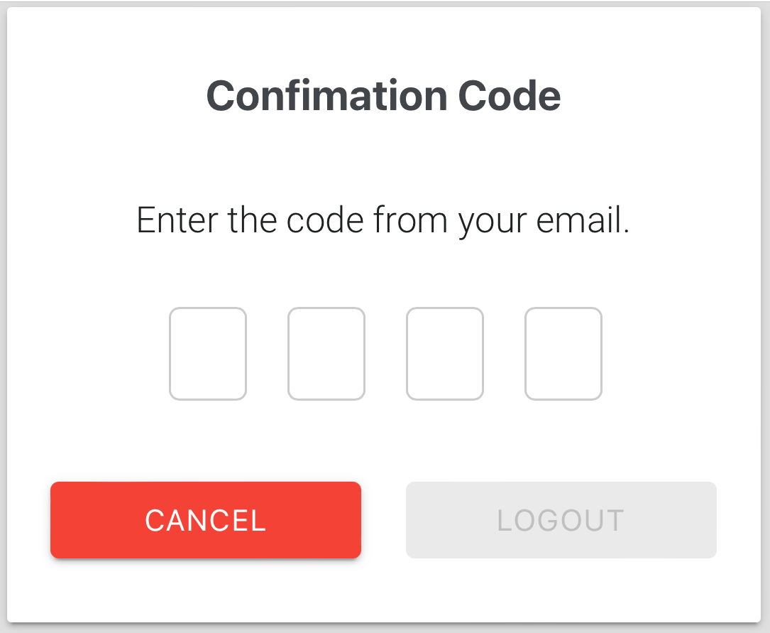 The confirmation code window with four boxes and the Cancel and Logout buttons (older screenshot)