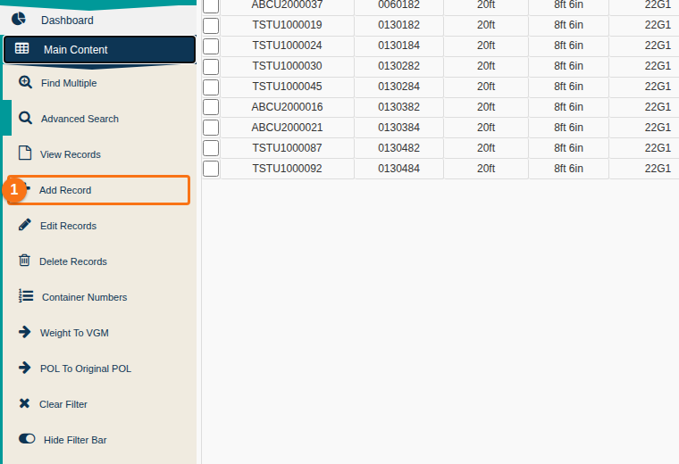 Function menu on the Main Content screen with the Add Record option highlighted