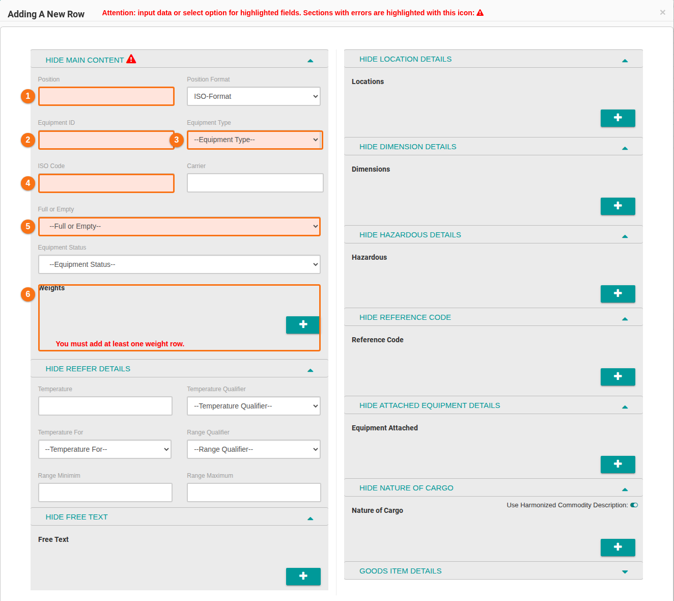 The Adding A New Row pop up with the required fields highlighted