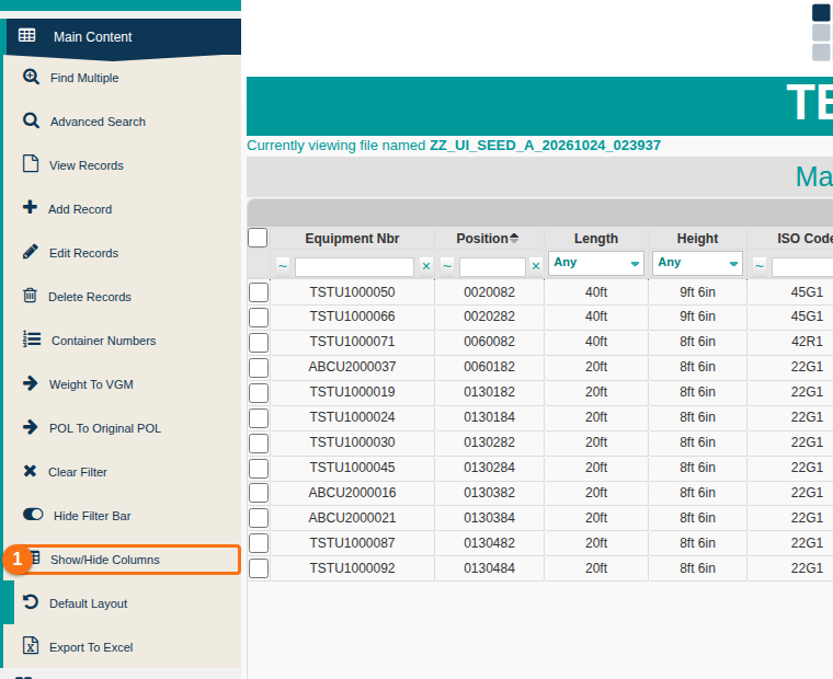 Main Content screen with the Show/Hide Columns option highlighted in the Function Menu