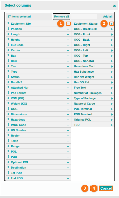 The Select columns pop up with visible columns on the left, hidden columns on the right, and Ok and Cancel buttons