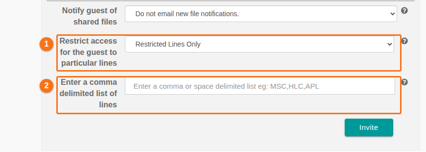 The guest invite form with Restricted Lines Only chosen, which adds a field for a comma or space delimited list of lines