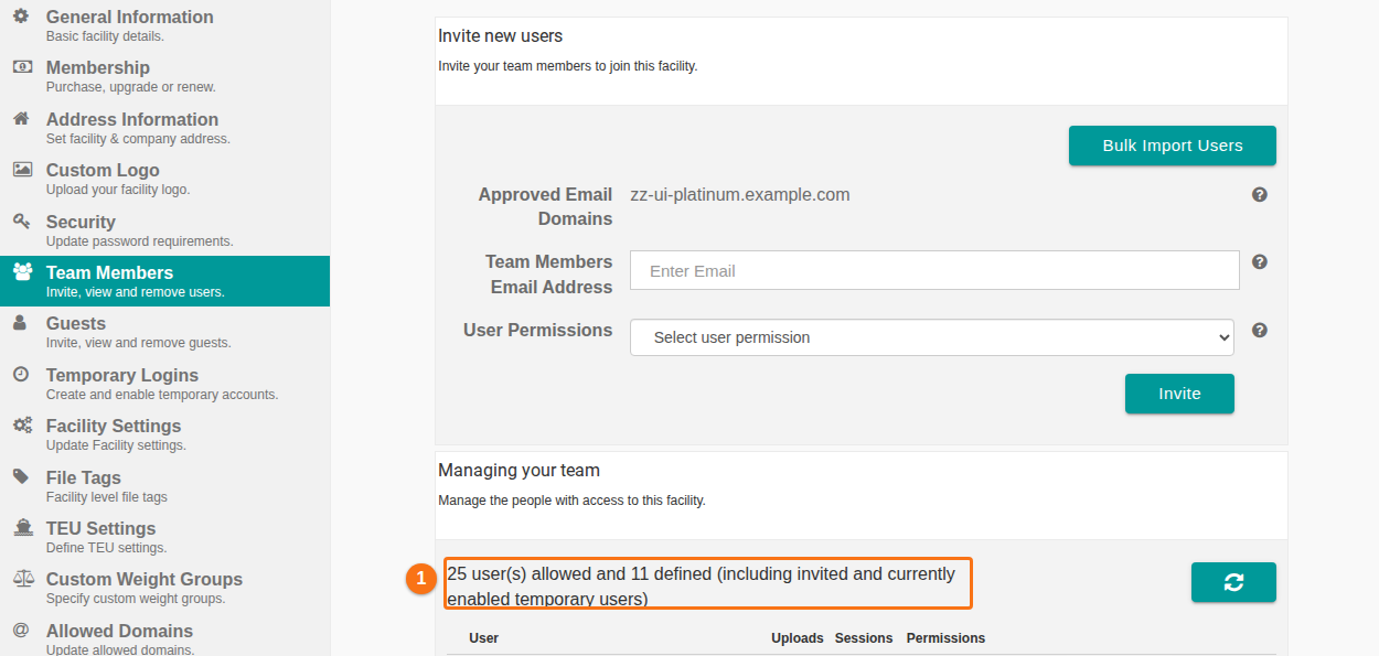 The Team Members page of Manage Facility: the invite form above the Managing your team list with its user count
