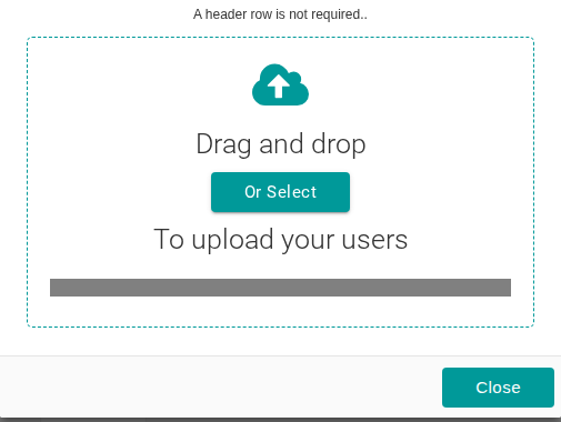The Bulk Import Users pop up with its drag and drop area for the CSV file