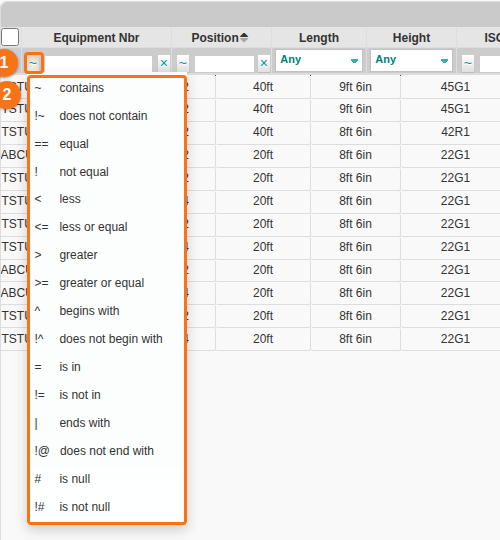 The filter operator list opened from the ~ button above a column, showing contains, equal, begins with and other options