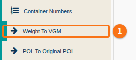 The Function Menu of the Main Content screen with the Weight To VGM option highlighted