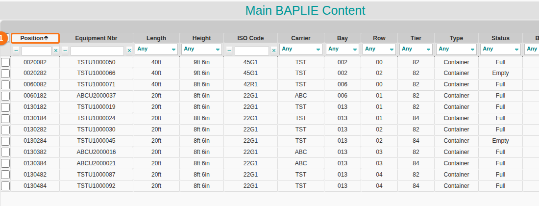 Main Content table after the Position column header was dragged in front of Equipment Nbr