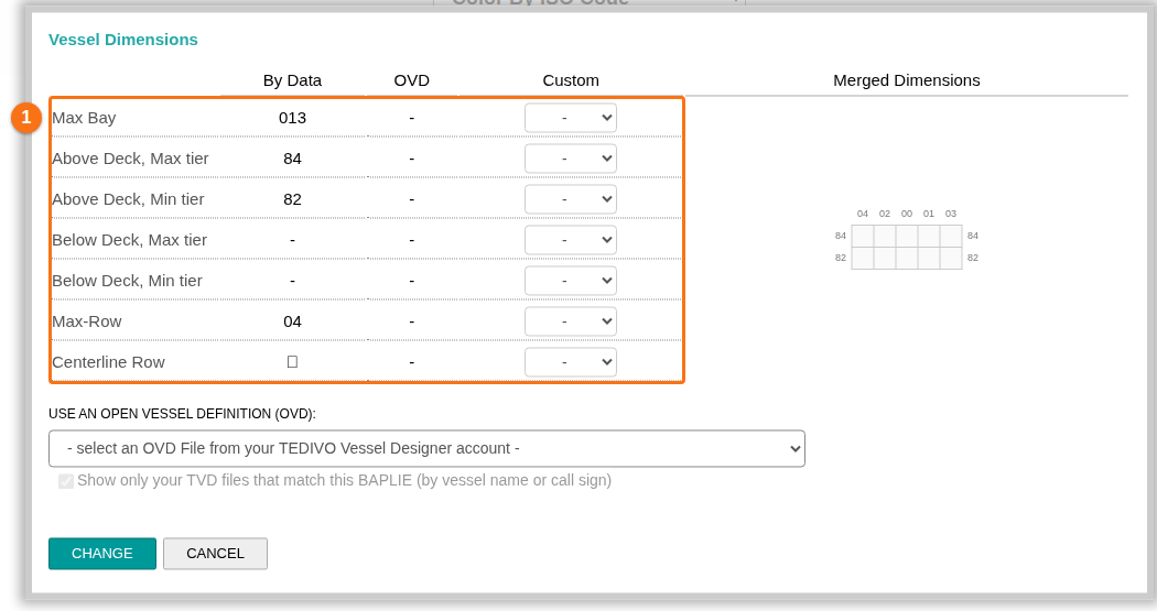 The Vessel Dimensions pop up in 2D Bay View with the By Data, OVD and Custom columns and the Merged Dimensions preview