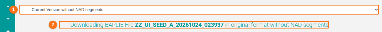 The Download BAPLIE page with Current Version without NAD segments chosen in the list and the message that the file is downloading without NAD segments