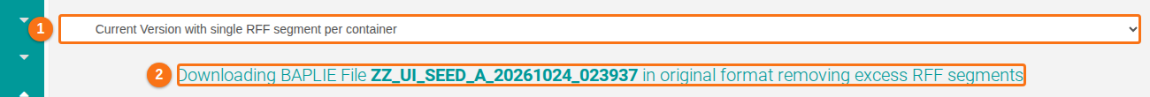 The Download BAPLIE page with Current Version with single RFF segment per container chosen in the list and the message that the file is downloading with excess RFF segments removed