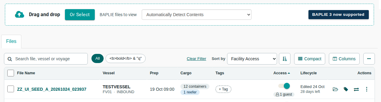 The Upload BAPLIE page with the drag and drop area above the list of uploaded files