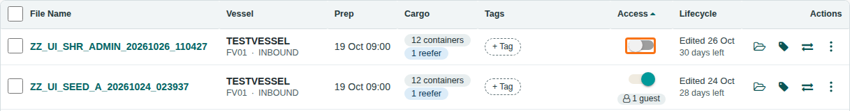 The file list with the Access toggle that shares a file with the facility