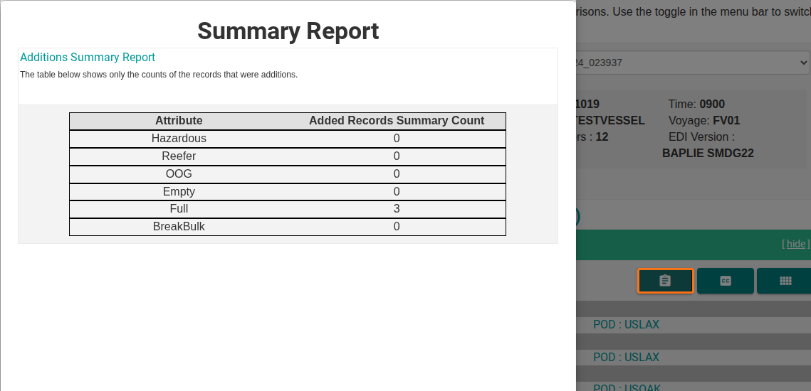 The Summary Report pop up opened by the Summary Report icon
