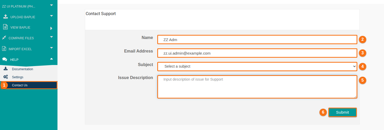 The Contact Support page opened from Help, Contact Us, with the Name, Email Address, Subject and Issue Description fields and the Submit button