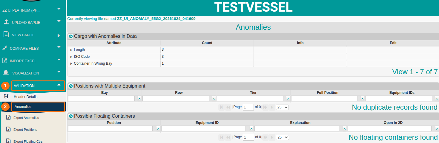 The Anomalies tab with the Validation menu open and the Anomalies tables loaded