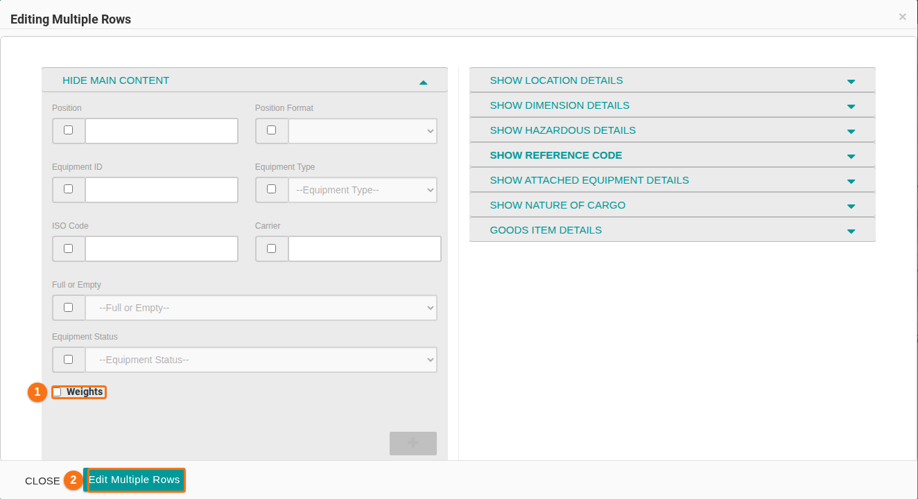 The Editing Multiple Rows pop up with a checkbox for each field and the Edit Multiple Rows button
