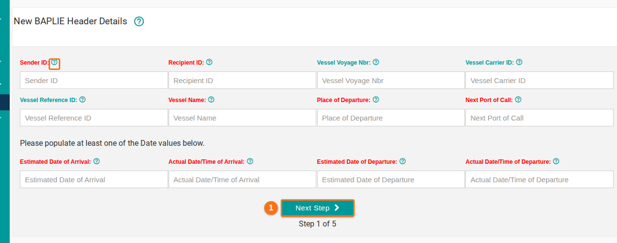 Step 1 of 5, New BAPLIE Header Details, with the header fields and the Next Step button