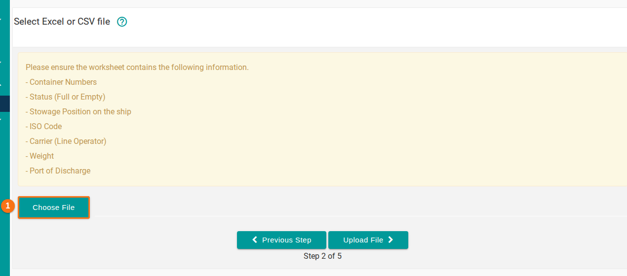 Step 2 of 5, Select Excel or CSV file, with the Choose File button