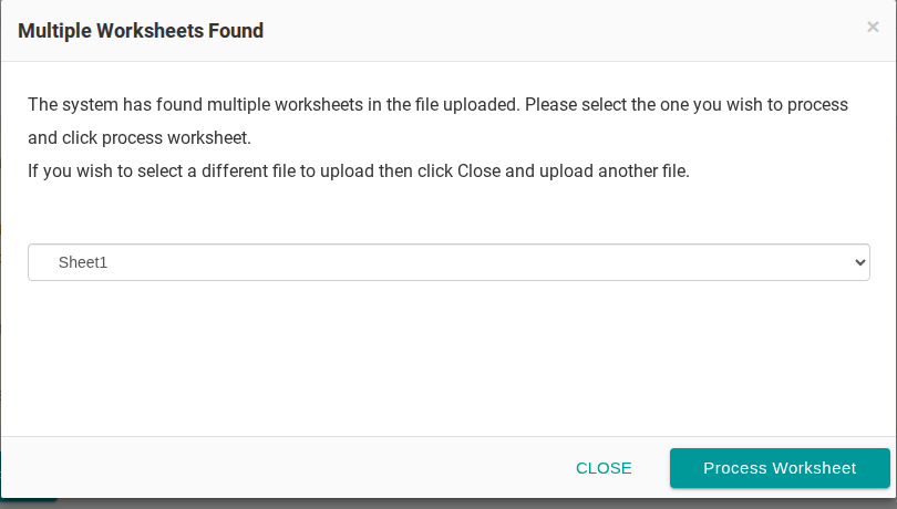 The Multiple Worksheets Found pop up with a worksheet dropdown and the Process Worksheet button
