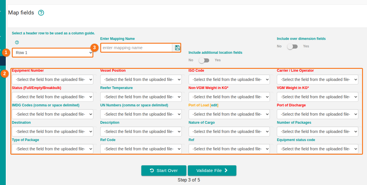 Step 3 of 5, Map fields, with the header row dropdown, the mapping name box and the field mapping dropdowns