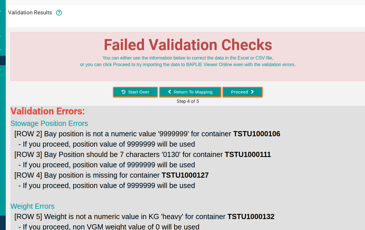 Step 4 of 5, Failed Validation Checks, listing the errors by row with the Start Over, Return To Mapping and Proceed buttons