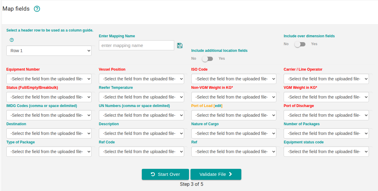 The Map fields step of the Import Excel wizard with a drop-down for each BAPLIE field and the spreadsheet columns shown below