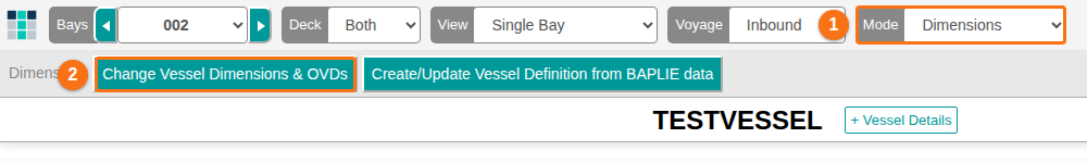 The 2D Bay View toolbar with the Mode set to Dimensions and the Change Vessel Dimensions and OVDs button