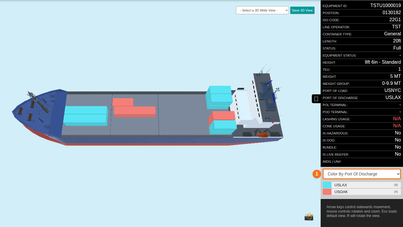 The 3D Vessel View in View mode with the Color By dropdown set to Port Of Discharge and the colour key at the right