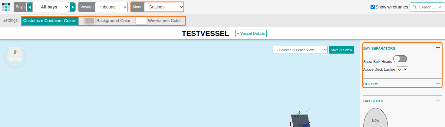 The 3D Vessel View in Settings mode with the Mode dropdown, the settings toolbar and the right-hand panel