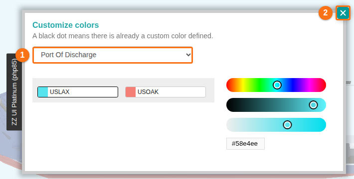 The Customize colors pop up with the attribute dropdown, the colours for each value and the colour sliders