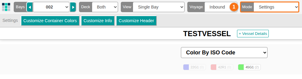 The 2D Bay View with the Mode dropdown set to Settings and the Customize Container Colors, Customize Info and Customize Header buttons