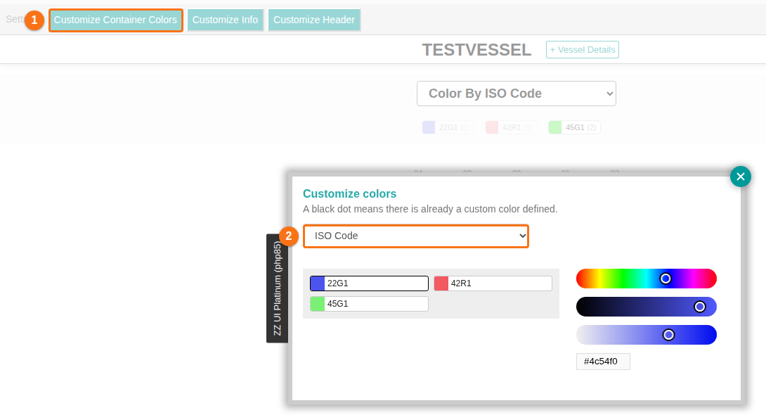 The Customize colors pop up in the 2D Bay View with the attribute dropdown and one colour for each ISO code