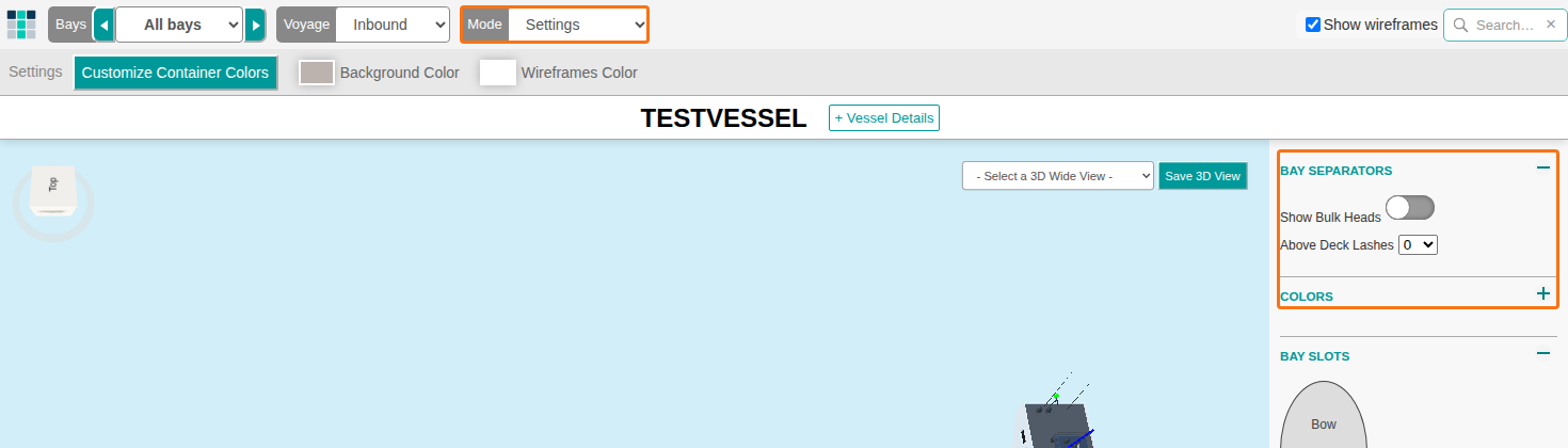 The 3D Vessel View in Settings mode with the Mode dropdown and the Bay Separators and Colors sections of the right-hand panel