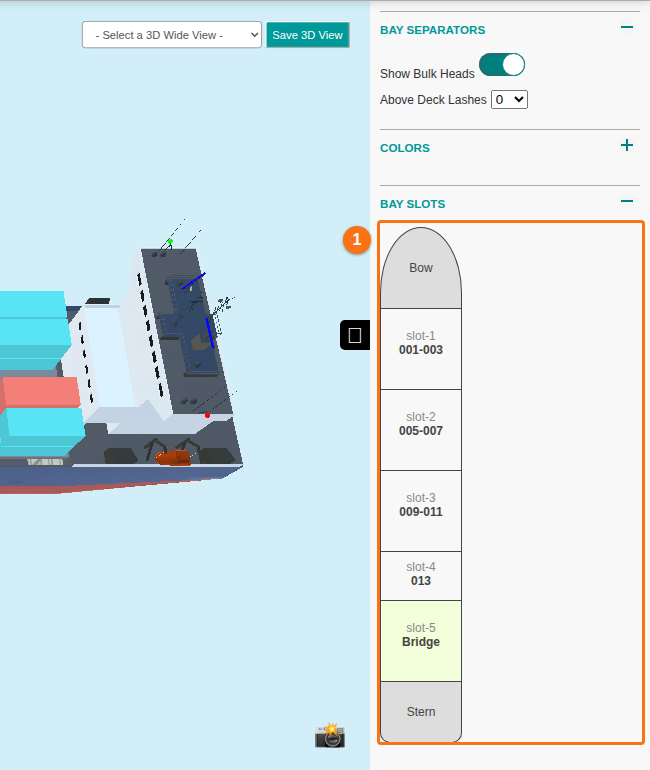 The Bay Slots list in the right-hand panel with the bow, five bay slots including the bridge, and the stern