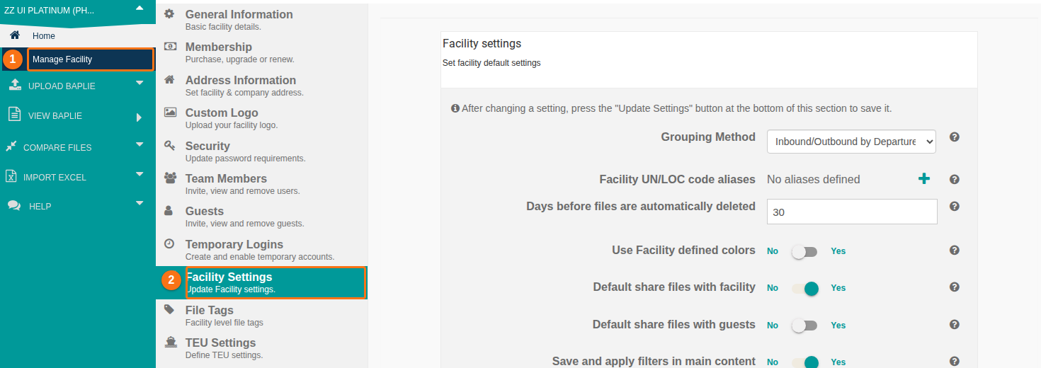 The Manage Facility menu with the Facility Settings tab highlighted