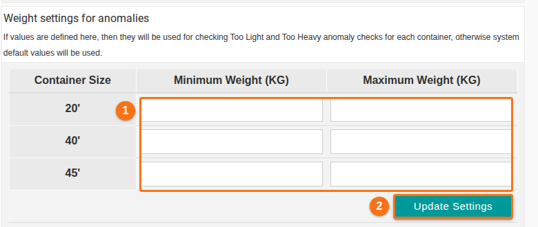 The Weight settings for anomalies table with a minimum and maximum weight in kilograms for 20’, 40’ and 45’ containers