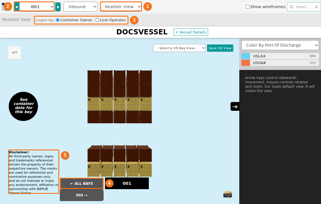 Bay 001 in Realistic View with the Mode, Bays and Logos by controls, the All Bays button and the disclaimer
