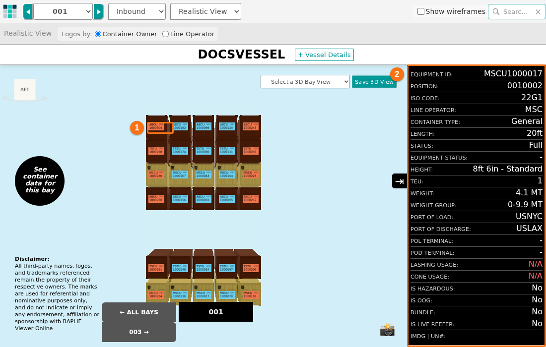 Bay 001 in Realistic View with the container ID on each container and the container details panel on the right