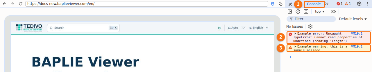 A browser with the developer console open on the right. The Console tab is selected and shows one example error and one example warning