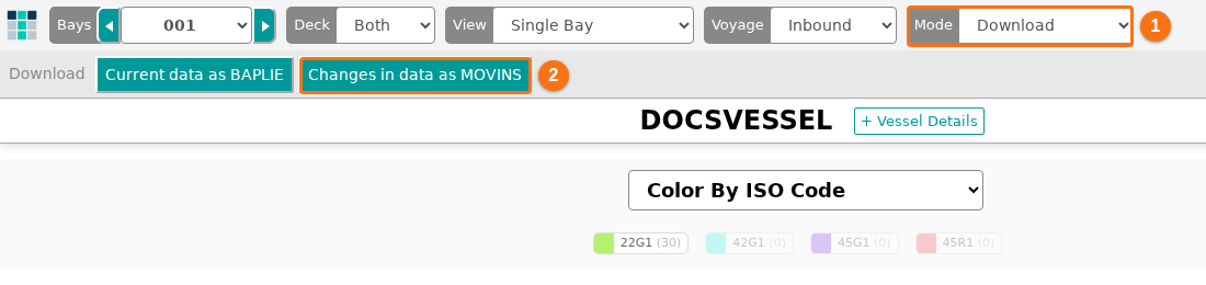 The 2D Bay View in Download mode with the buttons Current data as BAPLIE and Changes in data as MOVINS