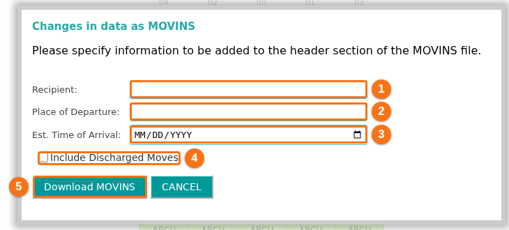 The Changes in data as MOVINS window with the fields Recipient, Place of Departure and Est. Time of Arrival, the check box Include Discharged Moves and the Download MOVINS button