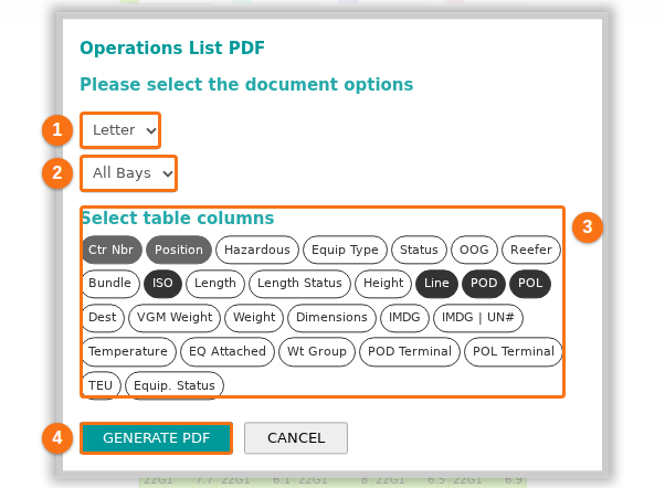 The Operations List PDF window with the paper size, the bays, the Select table columns buttons and the GENERATE PDF button