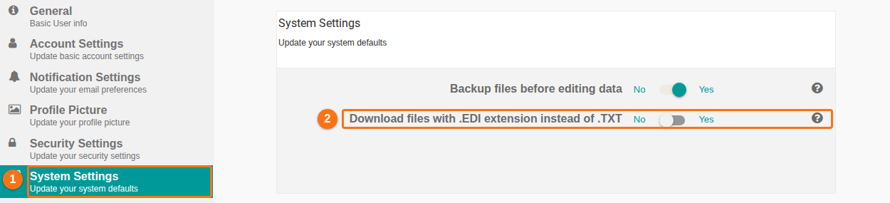 The System Settings tab with the toggle for downloading files with the .EDI extension instead of .TXT