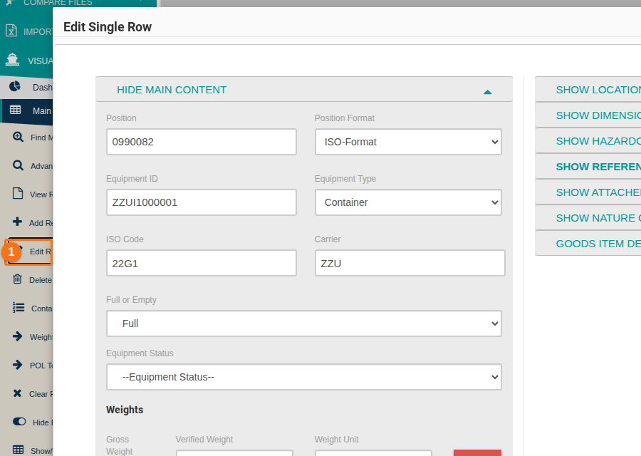 Function Menu with Edit Records highlighted and the Edit Single Row form open